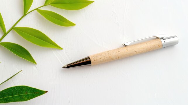 A sleek modern ballpoint pen made from recycled cigarette filters, resting next to purified celulose acetate material, eco innovation