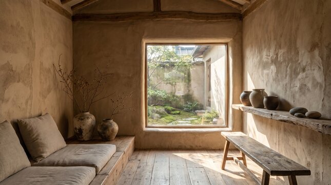 Japanese Wabi-Sabi inspired meditation room, textured clay walls, handcrafted ceramic decor, natural wood furniture, floor seating arrangement, warm sunlight, imperfect organic beauty, minimalist well