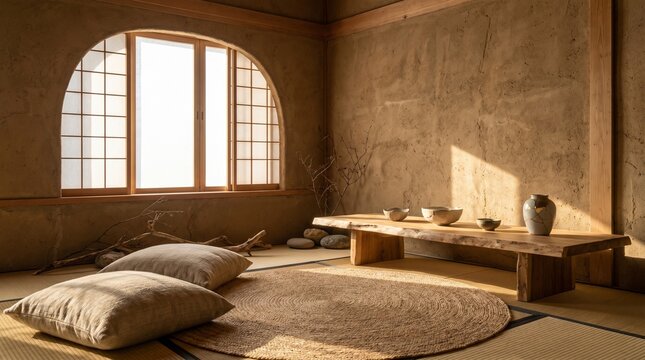Japanese Wabi-Sabi inspired meditation room, textured clay walls, handcrafted ceramic decor, natural wood furniture, floor seating arrangement, warm sunlight, imperfect organic beauty, minimalist well