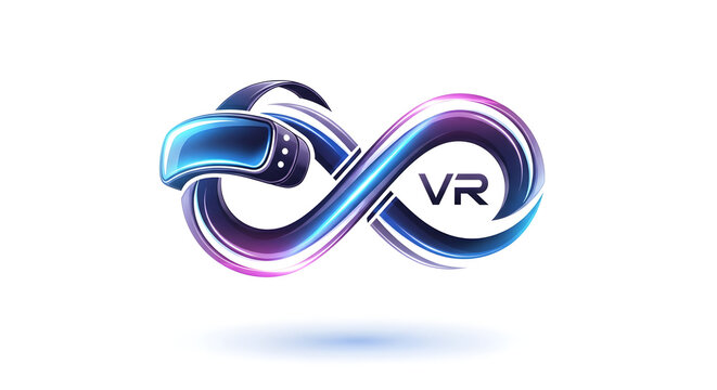A virtual reality headset forms an infinity loop with vibrant colors and neon lights on a clean surface