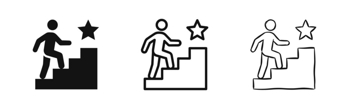 Career success icon set showing man climbing stairs to a star in three graphic styles