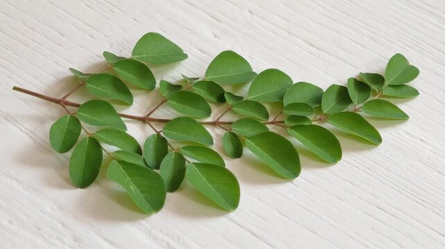Vibrant green moringa leaves on black background plant branch,