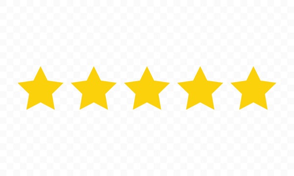 Five golden stars in horizontal row on transparent background representing top quality and maximum customer satisfaction rating symbol for premium service and perfect product review vector graphic.