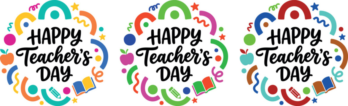 Happy teacher's day vector illustrations with books apples and rainbows