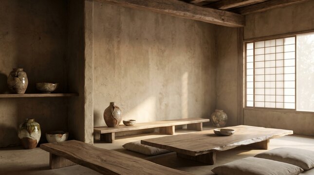 Japanese Wabi-Sabi inspired meditation room, textured clay walls, handcrafted ceramic decor, natural wood furniture, floor seating arrangement, warm sunlight, imperfect organic beauty, minimalist well