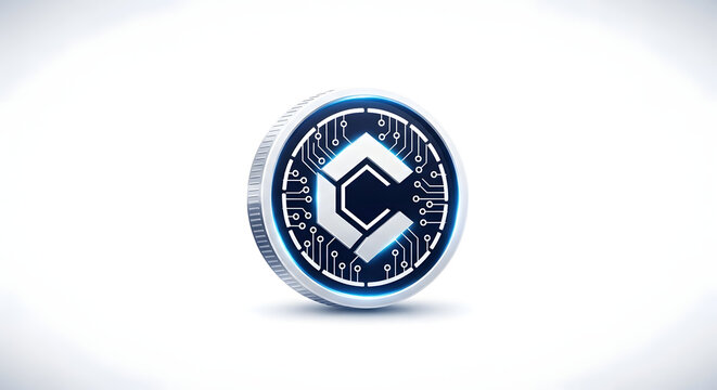 A close-up view of a shiny cryptocurrency coin with a hexagon logo on a clean white background.