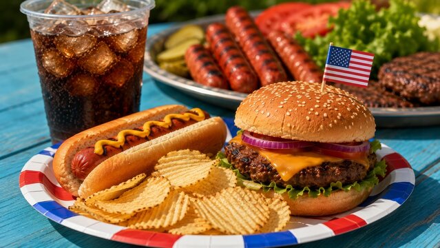 A delicious outdoor meal featuring a cheeseburger, hot dog, potato chips, and a refreshing soda, all presented on a colorful plate with a small American flag.