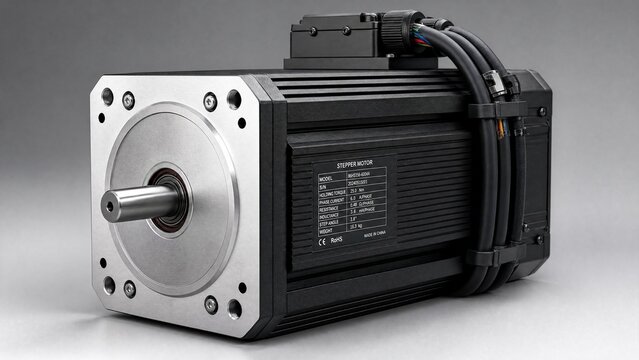 Large industrial stepper motor with metallic housing and bundled cables.