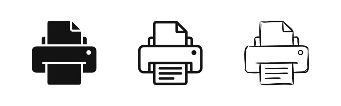 Printer and Document Icon Set. Office hardware symbols for printing, copying, and paper output functions.