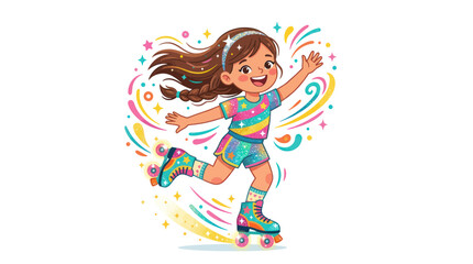 Fototapeta premium Happy Girl Roller Skating with Colorful Swirls and Stars
