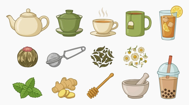 A collection of various tea items and ingredients, including a teapot, cup, tea bag, and fresh mint.