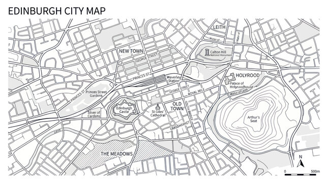 Edinburgh City Map - Black and White Illustration of Scotland's Capital