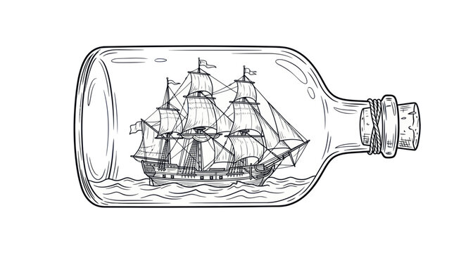 Hand-drawn sailing ship in a bottle, vintage illustration, nautical concept