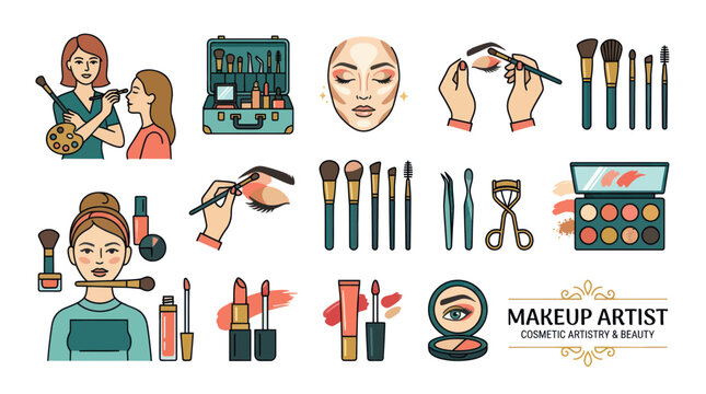 Makeup Artist Kit & Tools: Beauty Application, Cosmetic Brushes, Palette, Face Chart