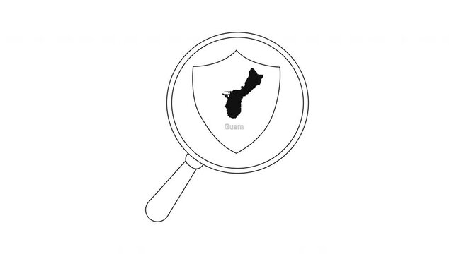 Guam map outline inside shield and magnifying glass icon.