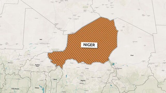 Borders of the state of Niger on the map. Country Niger on the map is highlighted by a polygonal border. Map animation. From above zooming in with panoramic view
