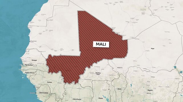Borders of the state of Mali on the map. Country Mali on the map is highlighted by a polygonal border. Map animation. From above zooming in with panoramic view