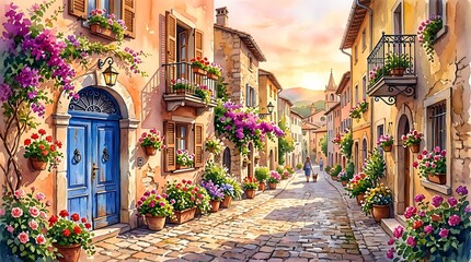 Naklejka premium A serene Italian town street scene with vibrant flowers and a blue door