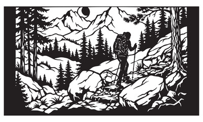 Obraz premium A lone hiker with a backpack trekking through a dense forest mountain landscape in silhouette.