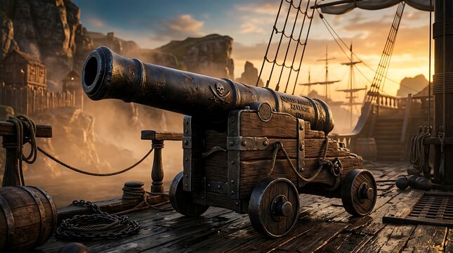 Cannon on a pirate ship deck at sunset with a cityscape and another ship