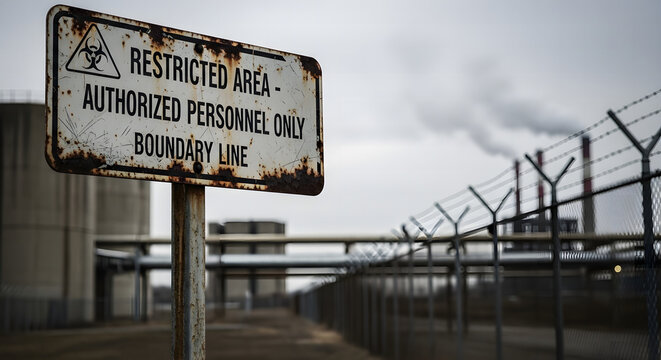 Rusty restricted area authorized personnel only sign by industrial factory fence