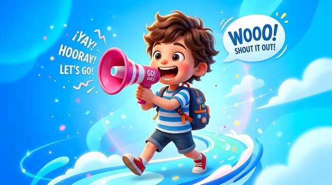 A cheerful boy shouts through a megaphone on a vibrant blue background