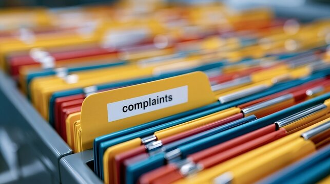 Close up view of a filing cabinet drawer with colorful hanging file folders, prominently featuring a yellow tab labeled complaints indicating a system for managing customer feedback or grievances