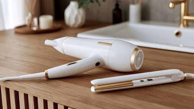 White and gold hair dryer and flat iron on a wooden bathroom vanity, sleek styling tools in soft warm light evoking daily grooming, self care, and elegant morning routine