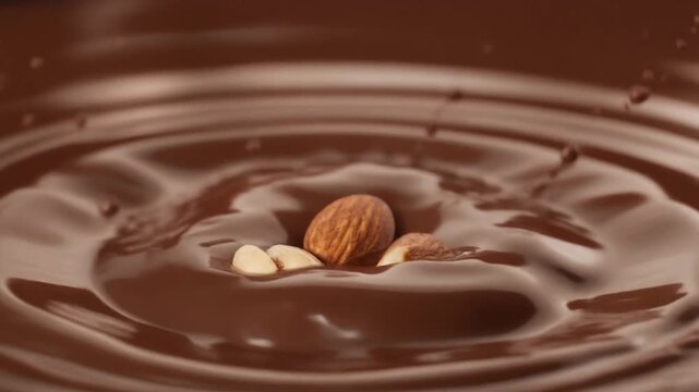 Extreme Macro Shot of Nuts Falling into Melted Milk Chocolate with Smooth Ripples and Glossy Splashes