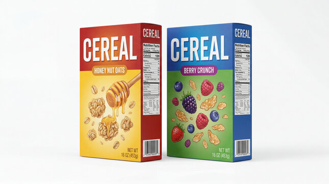 Illustrated honey oat and berry crunch cereal packages on white studio background