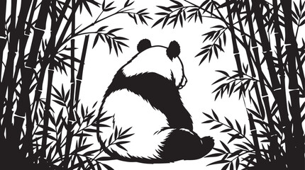 Silhouette of a panda sitting calmly among tall bamboo stalks in monochrome artwork © Tasfia
