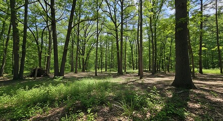 Fototapeta premium Sunlit Green Trees Standing in Open Spring Forest