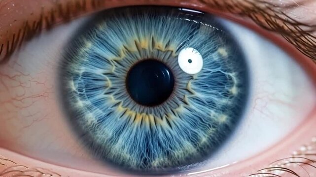 A detailed close up view of a human eye with a vibrant blue iris
