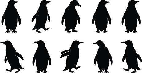 Penguin Silhouette Icon Set Featuring Black Vector Animal Shapes in Various Poses for Wildlife Designs, Arctic Logos, and Nature Illustrations © rumi