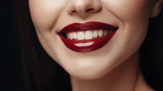 Extreme Close Up of Beautiful Woman Smiling with Glossy Deep Red Lipstick and Perfect White Teeth, Beauty and Makeup Full HD Portrait