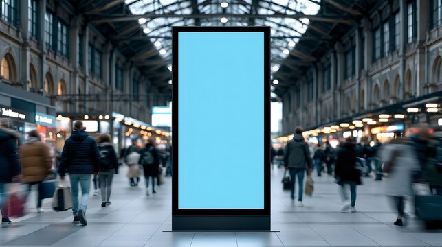 Blank digital advertising screen standing vertically in a bustling train station concourse, with blurred commuters walking past, creating a dynamic urban setting