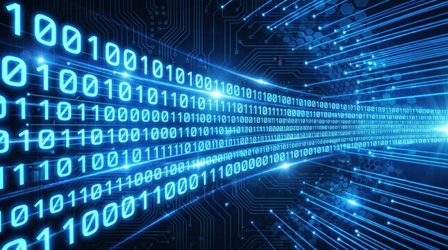 Futuristic digital data streams represented by glowing binary code in a vibrant blue color scheme.