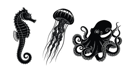 Vintage engraving of marine life seahorse jellyfish and octopus © Saima