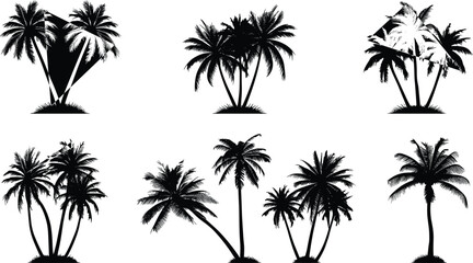 Obraz premium Tropical Palm Tree Silhouette Vector Icon Set Featuring Black Coconut Tree Clusters for Summer Beach Parties, Travel Logos, and Exotic Island Vacation Designs