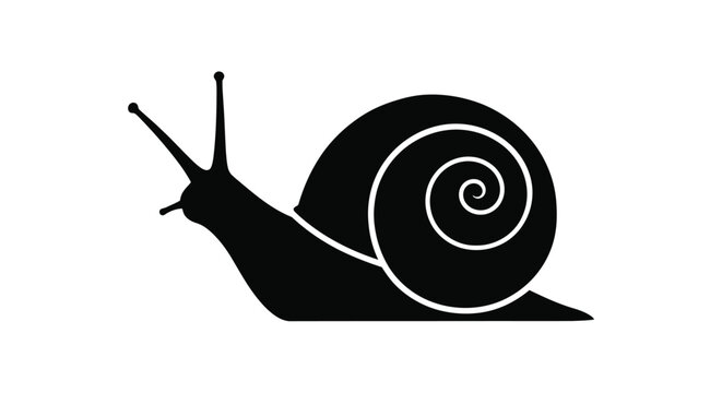 Black and white snail silhouette with spiral shell minimalist vector illustration