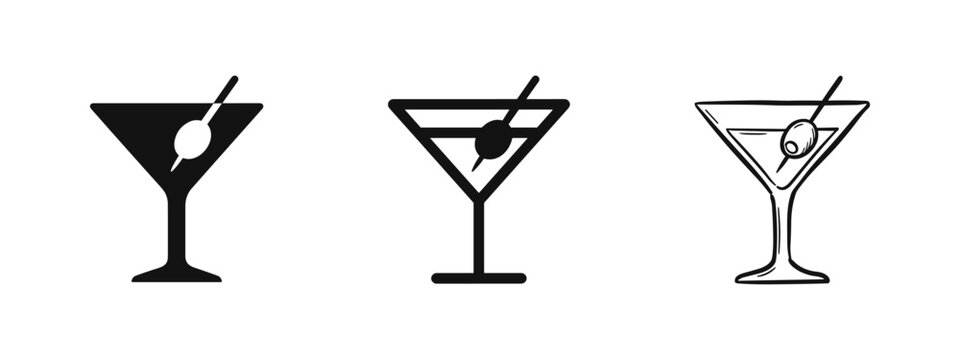 Classic martini glass with olive icon set for cocktails and bar themes.