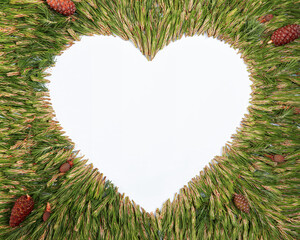 Obraz premium Heart-shaped frame of evergreen pine branches and pine cones on white background. Winter flat lay border with copy space. Concept of ecology, Christmas, New Year, Valentine's Day, cards, invitations.