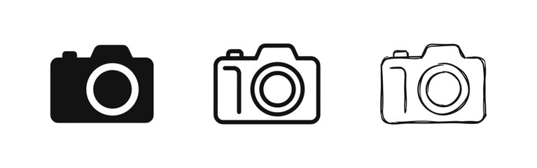Digital camera icons set in flat outline and hand-drawn styles for photography and media themes © drawing lines