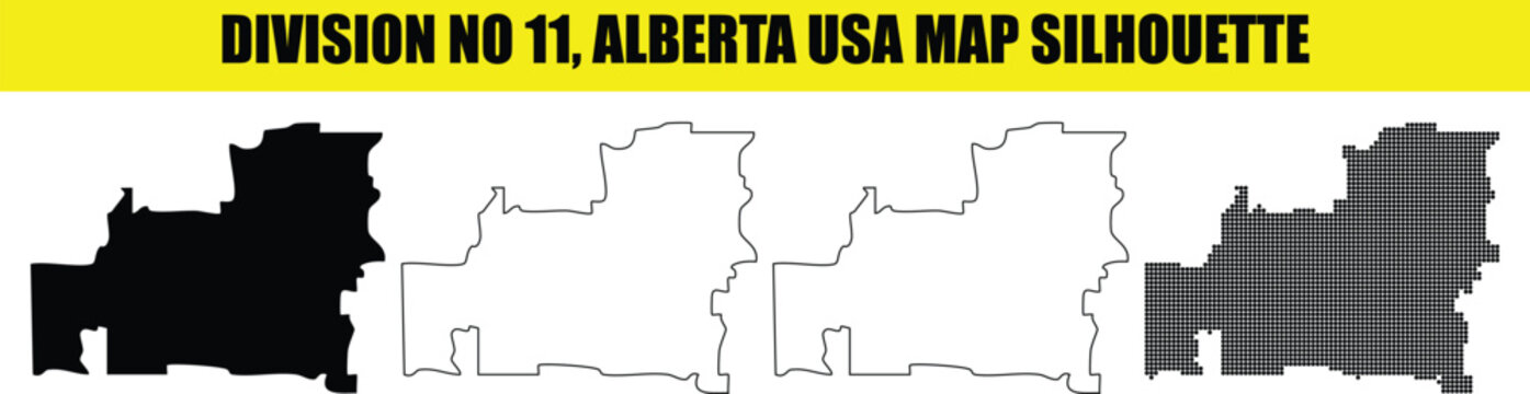 Division no 11 alberta canada map silhouette set for design projects with black and white vector art style.