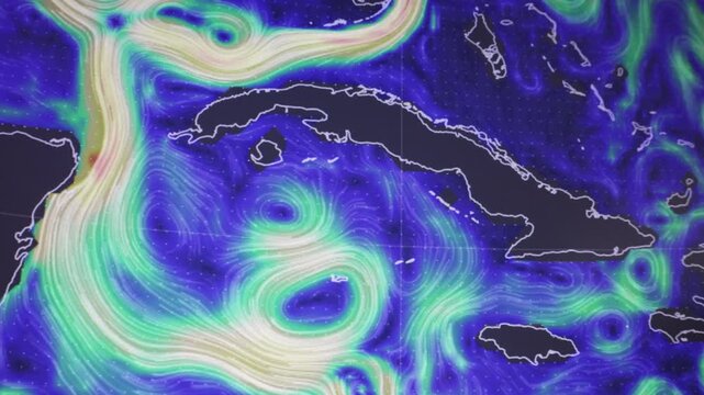 Dynamic Gulf Stream anomaly near Cuba shown as a camera shot of a computer screen with pixels visible featuring oceanic atmospheric flow climate data and severe weather visualization for news science 