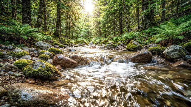 Forest Stream Flowing Over Mossy Rocks - A clear stream meanders through a lush, green forest, flowing over smooth rocks covered in vibrant moss.