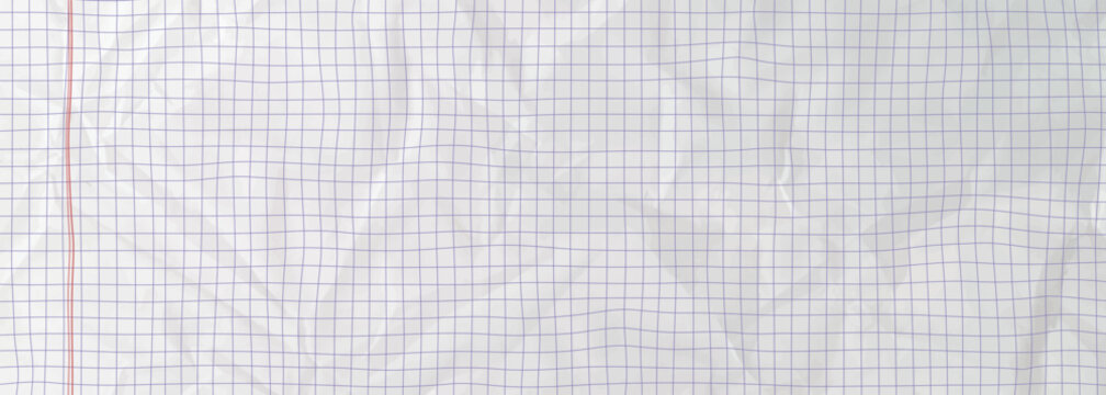 White faded paper teture. Blue grid square line strokes education pattern. Lined notebook crumple sheet mockup with red margins . Abstract vector bg for sketching, scrapbooking notepads or collage