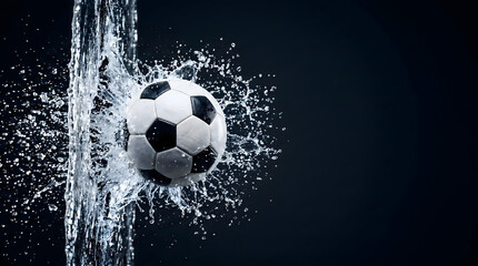 Fototapeta premium Soccer Ball Hitting Water Curtain with Splash on Black Background.