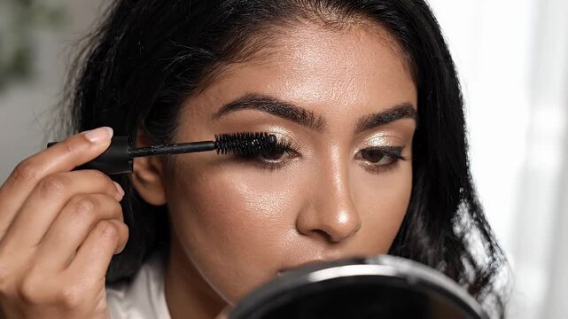 Woman Applying Black Mascara To Eyelashes Overhead Shot - A close-up overhead shot shows a woman applying black mascara to her eyelashes.