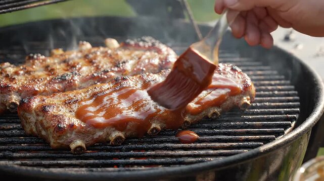 Close-Up of BBQ Sauce Being Brushed on Grilled Pork Ribs - A close-up shot shows a hand using a brush to apply thick, glossy BBQ sauce onto a rack of grilled pork ribs.